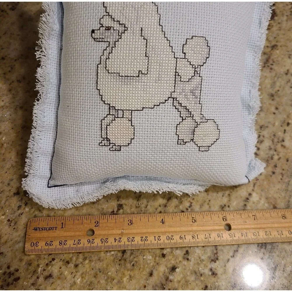 Toy Poodle Needlepoint Cross Stitch Mini Pillow Door Knob Hanger Blue Fur Baby